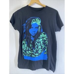 Billie Eilish Portrait T-Shirt Black Light Neon Blue Green 2021 Men Medium 42-44
